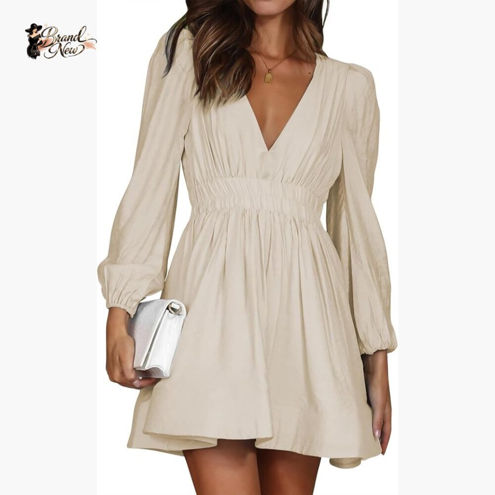 Mini Deep V Long Sleeve A-Line Dress High Waisted Flowy Cocktail Wedding Guest